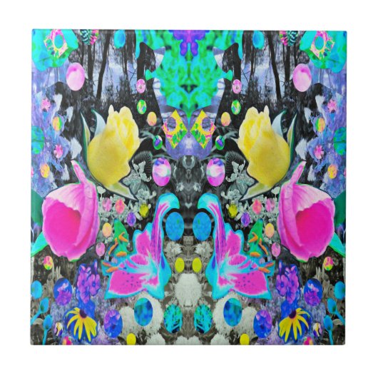 Stargazer Lily, Roos en Roze Hibiscus Collage Tegeltje (Voorkant)