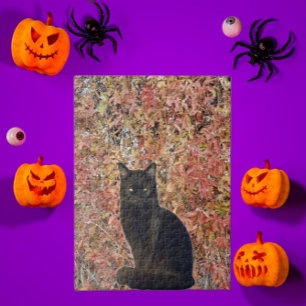 Staring Black Cat Photo met Oranje herfstbladeren Legpuzzel