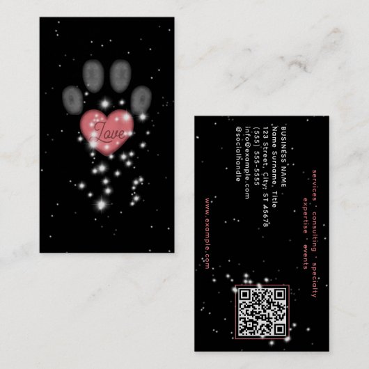 Starlight Roze Hart Poot Print Pet Sitter Zwart Visitekaartje (Voorkant / Achterkant)