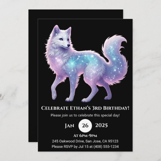 Starlight White Wolf Verjaardag Uitnodiging (Voorkant / Achterkant)