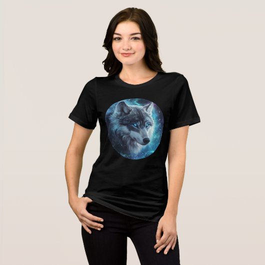 Starlit Blue-Eyed Wolf Galaxy Print Tri-Blend Shirt (Voorkant volledig)