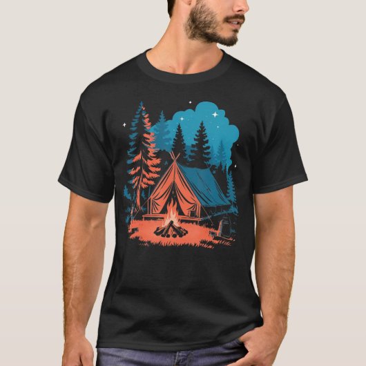 Starlit Camping Tent Campfire And Pine Trees Adven T-shirt (Voorkant)