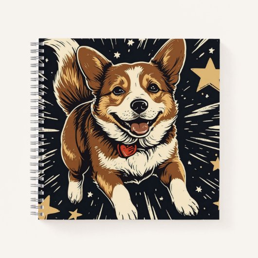 Starlit Corgi – Celestial Linocut Charm Notitieboek (Voorkant)