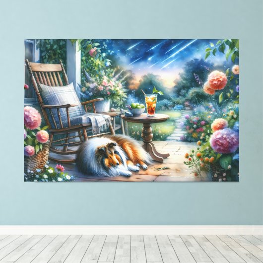 Starlit Garden Porch Sheltie Dream Canvas Afdruk (Insitu (Houten vloer))