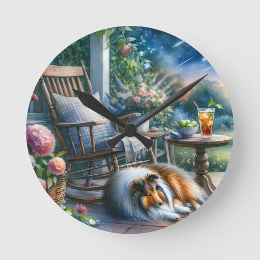 Starlit Garden Porch Sheltie Dream Ronde Klok (Voorkant)