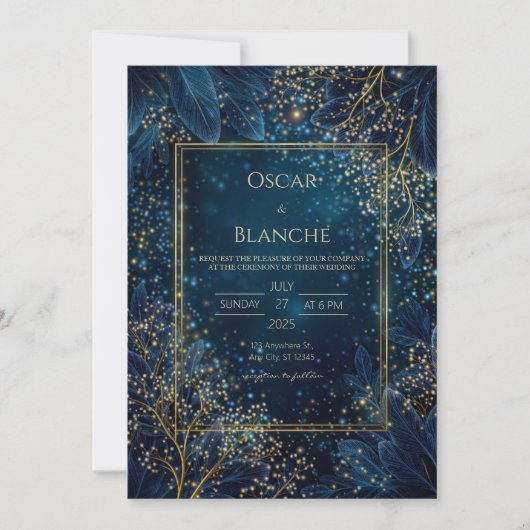 Starlit Navy Gold Botanical Wedding Kaart (Voorkant)