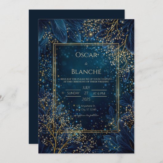 Starlit Navy Gold Botanical Wedding Kaart (Voorkant / Achterkant)