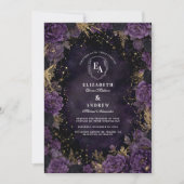Starlit Plum en Gouden Gotische Huwelijk Kaart (Voorkant)