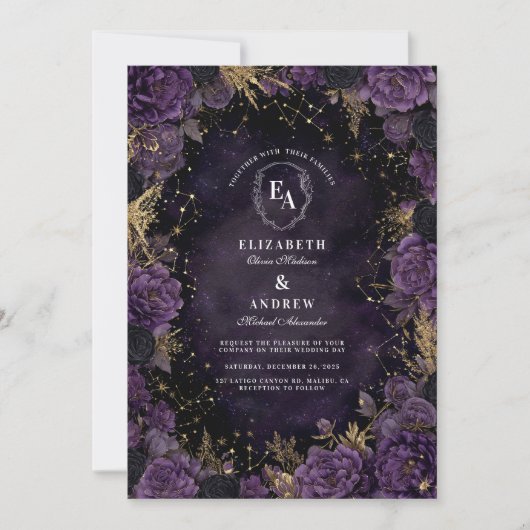 Starlit Plum en Gouden Gotische Huwelijk Kaart (Voorkant)