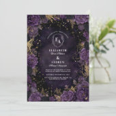 Starlit Plum en Gouden Gotische Huwelijk Kaart (Staand voorkant)