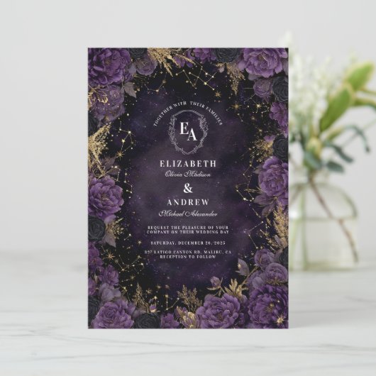 Starlit Plum en Gouden Gotische Huwelijk Kaart (Staand voorkant)