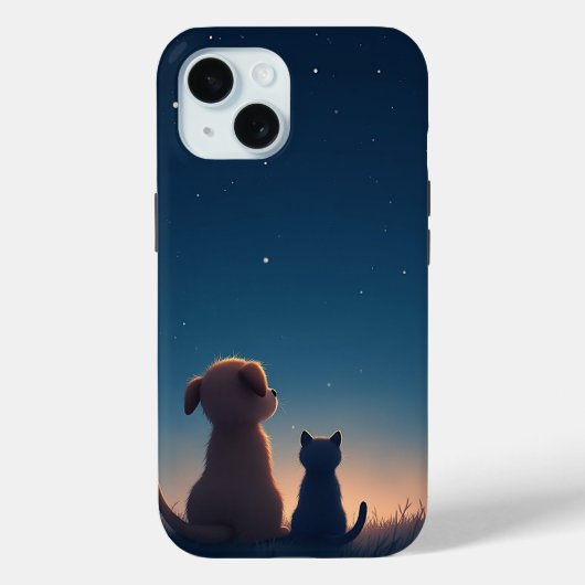 Starlit Puppy & Kitten iPhone 15 Hoesje (Achterkant)