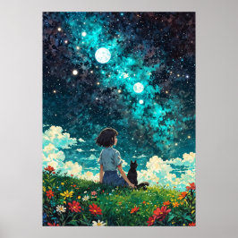 Starlit Reverie - Een meisje en haar kat zitten sa Poster