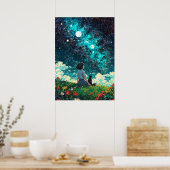 Starlit Reverie - Een meisje en haar kat zitten sa Poster (Keuken)