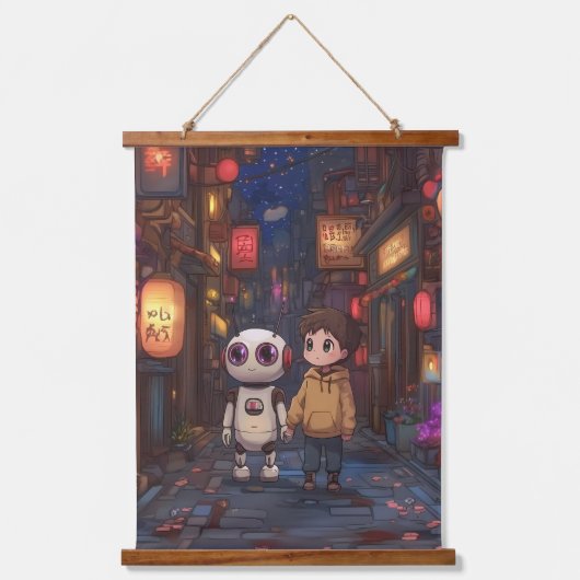 Starlit Stroll: een jongen en zijn robotvriend Hangend Wandkleed (Voorkant)