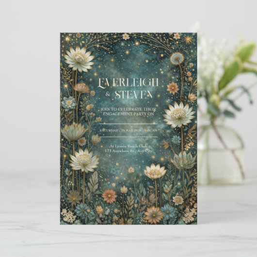 Starlit Teal Celestial Astrantia Wedding Kaart (Staand voorkant)