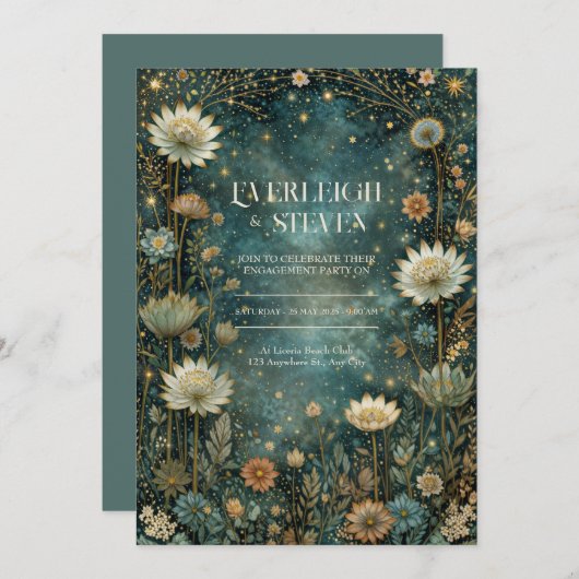 Starlit Teal Celestial Astrantia Wedding Kaart (Voorkant / Achterkant)