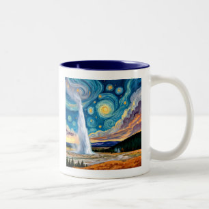 Starnacht Old Faithful Yellowstone Park Tweekleurige Koffiemok