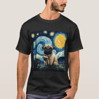 Starnacht Pug Van gogh geïnspireerde hondenschilde T-shirt