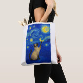 Starnacht Siamese Kat Maan Tote Bag (Dichtbij)