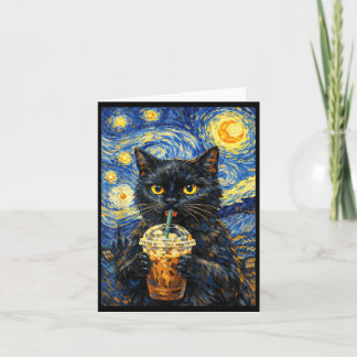 Starnacht Zwarte Kat Koffie Van Gogh Stijl Grappig Kaart