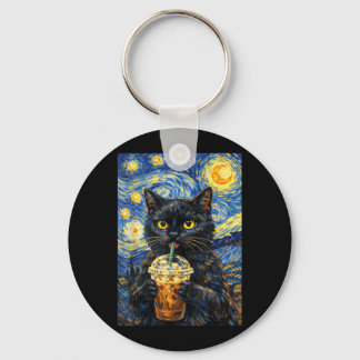 Starnacht Zwarte Kat Koffie Van Gogh Stijl Grappig Sleutelhanger