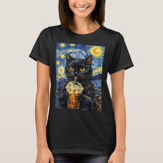 Starnacht Zwarte Kat Koffie Van Gogh Stijl Grappig T-shirt