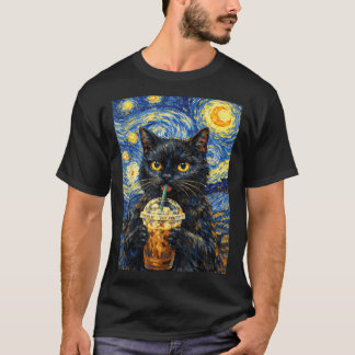 Starnacht Zwarte Kat Koffie Van Gogh Stijl Grappig T-shirt