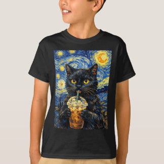 Starnacht Zwarte Kat Koffie Van Gogh Stijl Grappig T-shirt