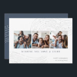 Starred Tidings | 3 Foto Collage Hanukkah Kaart<br><div class="desc">Verstuur hanukkah groeten in een chique stijl met deze elegante en moderne fotocollage kaarten met drie vierkante foto's die naast elkaar zijn uitgelijnd en die zijn voorzien van lijntreksels bovenaan en onderaan. "Wishing You Love and Light" staat in de moderne tekst, met je "Happy Hanukkah" en je familienaam rechtsonder. Het...</div>