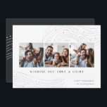 Starred Tidings | 3 Foto Collage Hanukkah Kaart<br><div class="desc">Verstuur hanukkah groeten in een chique stijl met deze elegante en moderne fotocollage kaarten met drie vierkante foto's die naast elkaar zijn uitgelijnd en die zijn voorzien van lijntreksels bovenaan en onderaan. "Wishing You Love and Light" staat in de moderne tekst, met je "Happy Hanukkah" en je familienaam rechtsonder. Het...</div>