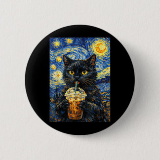 Starrennacht Zwarte Kat Koffie Van Gogh Stijl Grap Ronde Button 5,7 Cm