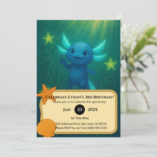 Starry Blue Axolotl Birthday Kaart (Staand voorkant)