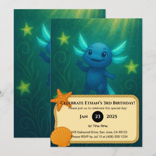 Starry Blue Axolotl Birthday Kaart (Voorkant / Achterkant)