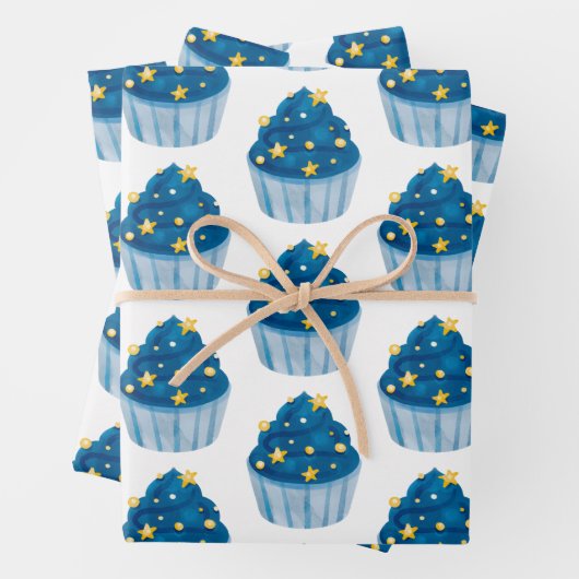Starry Blue Cupcake Gift Wrap Leuk & feestelijk Inpakpapier Vel (In situ)