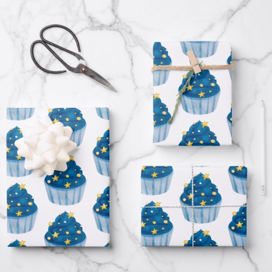 Starry Blue Cupcake Gift Wrap Leuk & feestelijk Inpakpapier Vel (Voorkant)