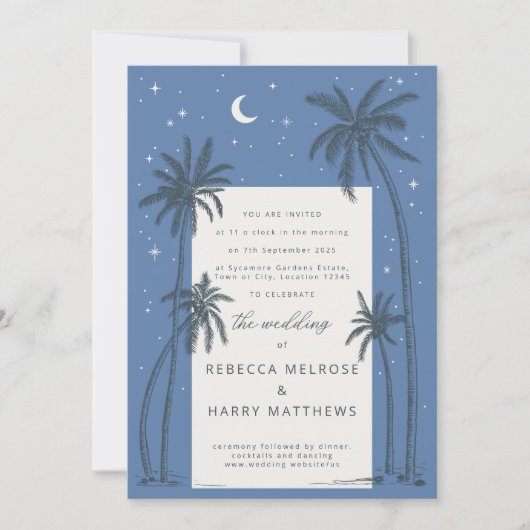 Starry blue Palm Trees boho trouwuitnodiging Kaart (Voorkant)