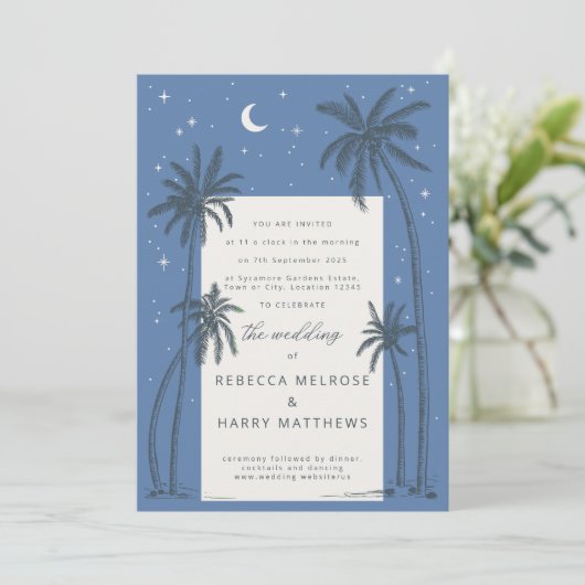 Starry blue Palm Trees boho trouwuitnodiging Kaart (Staand voorkant)