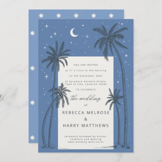 Starry blue Palm Trees boho trouwuitnodiging Kaart (Voorkant / Achterkant)