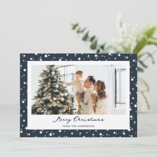 Starry Blue Photo Merry kerst Feestdagenkaart (Staand voorkant)