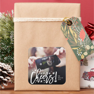 Starry Cheers Brush Script Moderne nieuwjaarsfoto Vierkante Sticker
