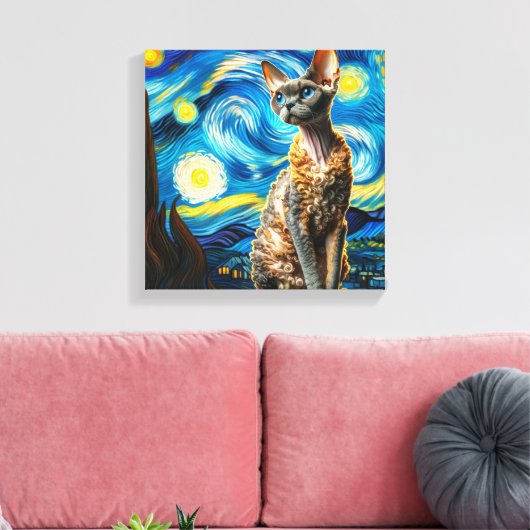 Starry Devon Rex Cat Portret - Huisdier Portret Canvas Afdruk (Insitu (Woonkamer))