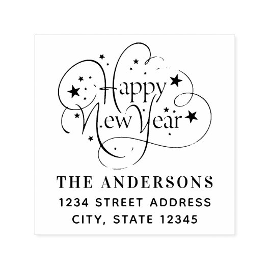 Starry Gelukkig Nieuwjaar Familienaam Retouradres Zelfinktende Stempel (Design)