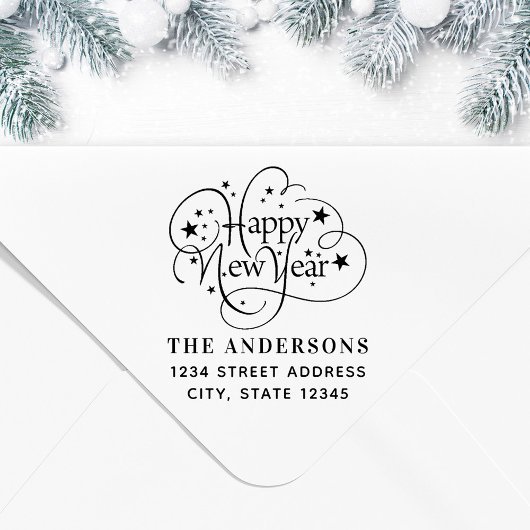 Starry Gelukkig Nieuwjaar Familienaam Retouradres Zelfinktende Stempel