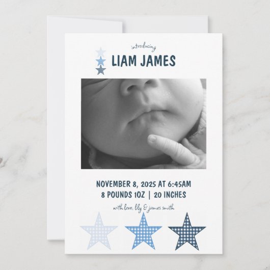 Starry Gingham Baby Boy Birth Announcement Card Aankondiging (Voorkant)
