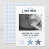 Starry Gingham Baby Boy Birth Announcement Card Aankondiging (Voorkant / Achterkant)