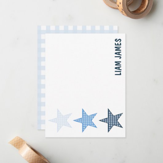 Starry Gingham Baby Boy Stationery Notitiekaartje (Voorkant / Achterkant in situ)