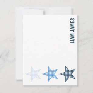 Starry Gingham Baby Boy Stationery Notitiekaartje