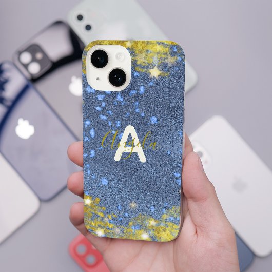 Starry Glittery Blue en Gold Modern Glam iPhone Hoesje