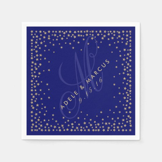 Starry Gold en Navy Blue Monogram Wedding Napkins Servetten (Voorkant)